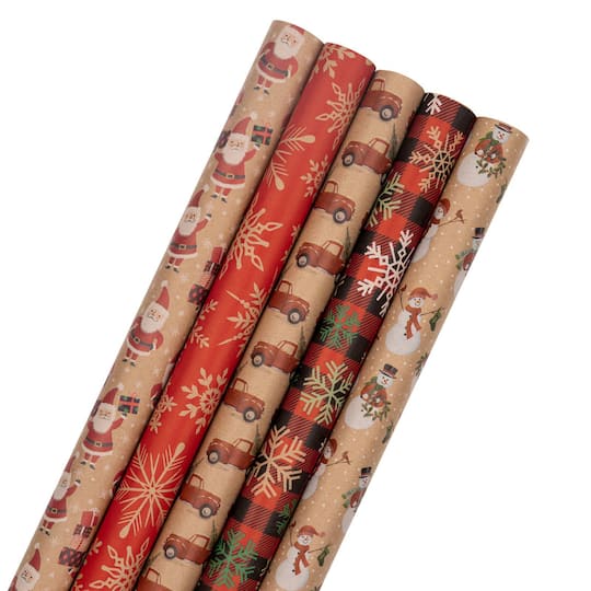 JAM Paper Christmas Kraft Gift Wrap Set, 5ct. 